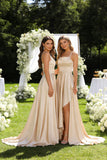 Women's Long Satin Bridesmaid Dresses Spaghetti Strap Halter Formal Evening Gown Ruffle High Low Wedding Guest Dress