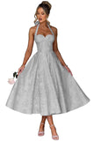 Jacquard Satin Prom Dresses for Women Vintage A-Line Midi Halter Sweetheart Formal Evening Party Gowns with Pockets
