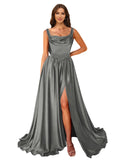 Cowl Neck Satin Prom Dresses Corset Ball Gown Long Puffy A-Line Formal Evening Gown with Slit