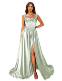 Cowl Neck Satin Prom Dresses Corset Ball Gown Long Puffy A-Line Formal Evening Gown with Slit