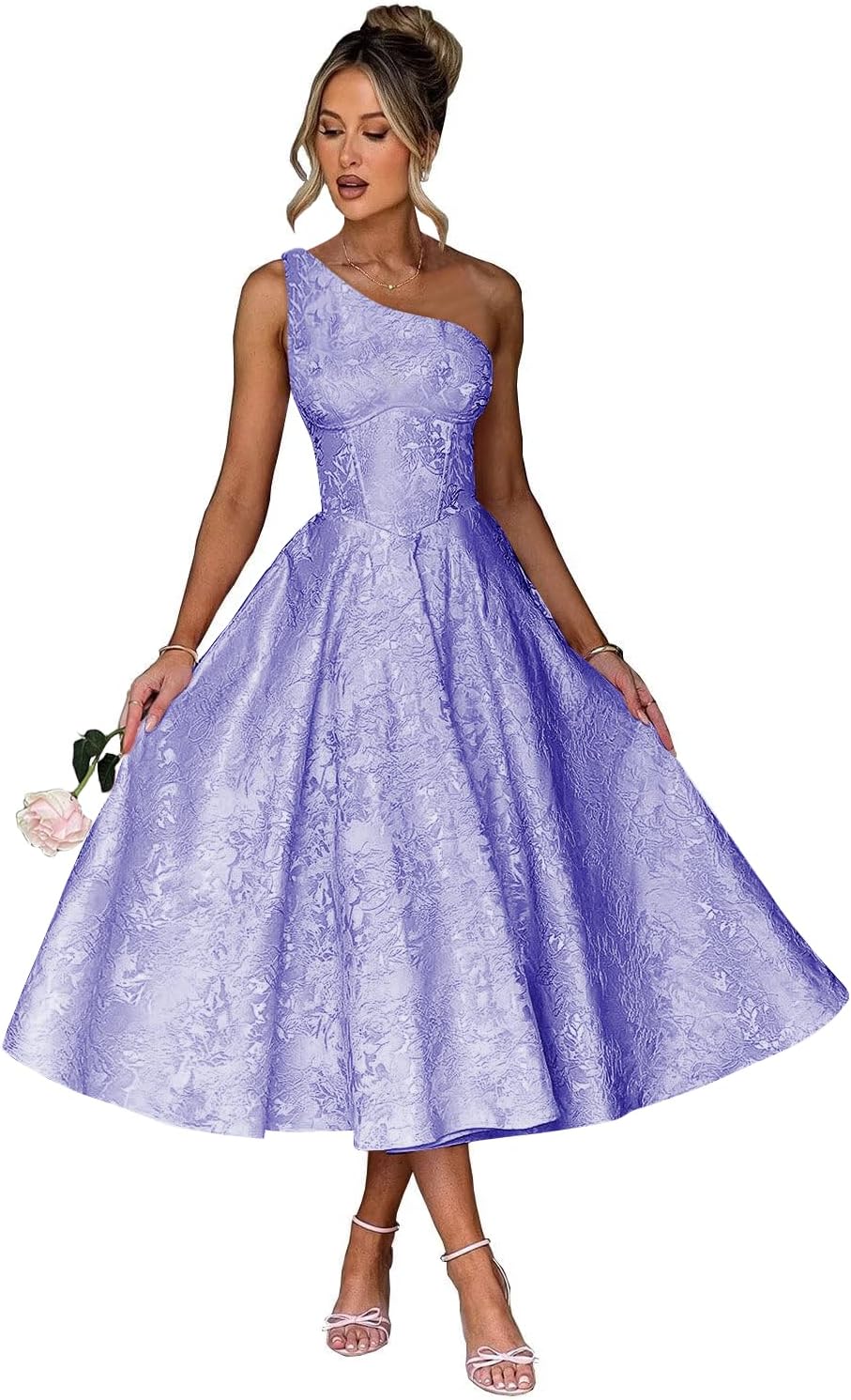 Jacquard Floral Satin Prom Dresses 2026 One Shoulder A-Line Midi Formal Evening Party Gown with Pockets for Women