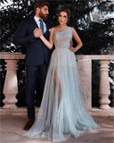 One Shoulder Sequin Prom Dress Long A-Line Tulle Formal Evening Gowns for Women 2027