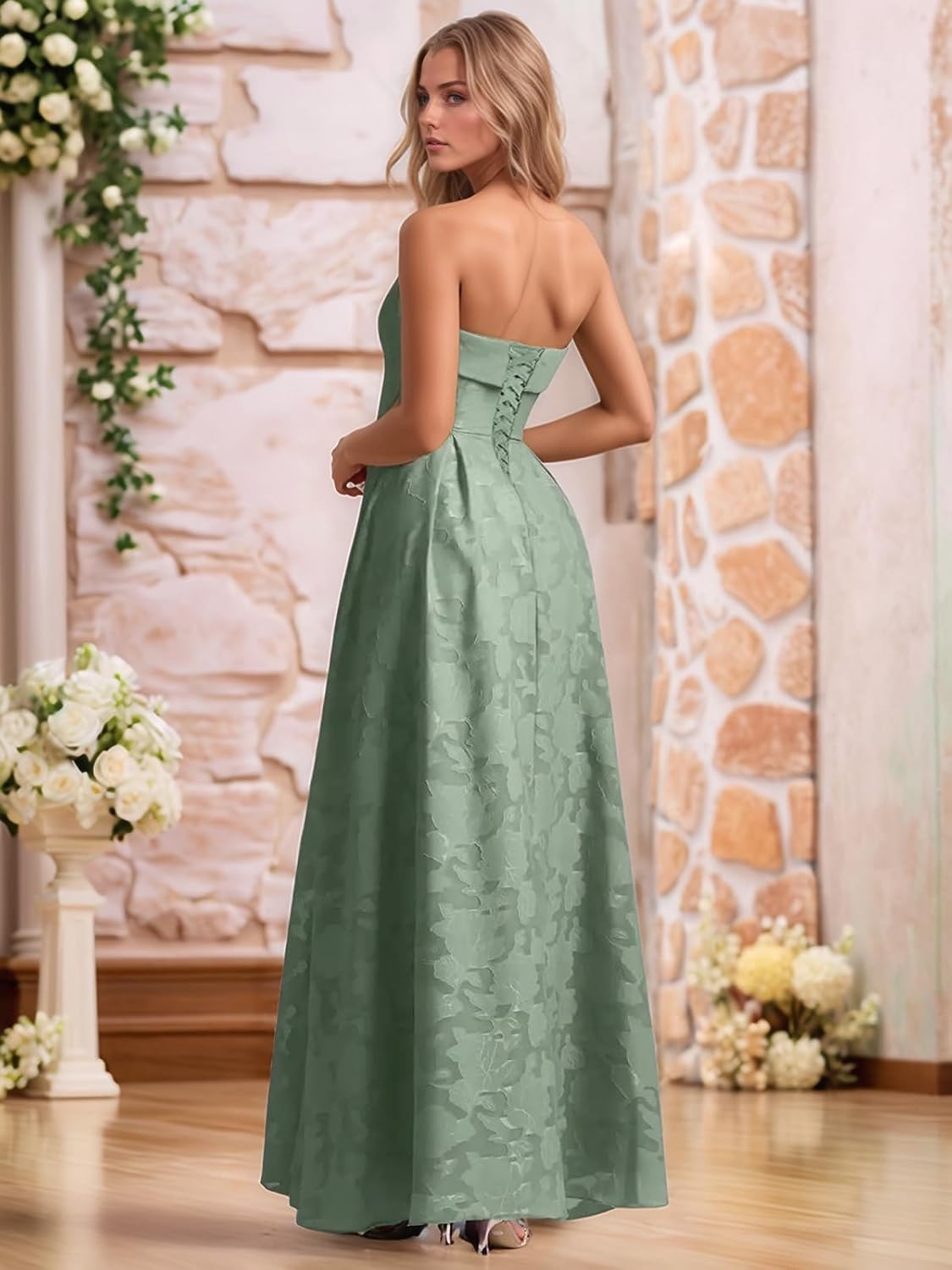 Jacquard Floral Prom Dresses Strapless Maxi Evening Gowns A-Line Ruched Formal Party Dress Elegant