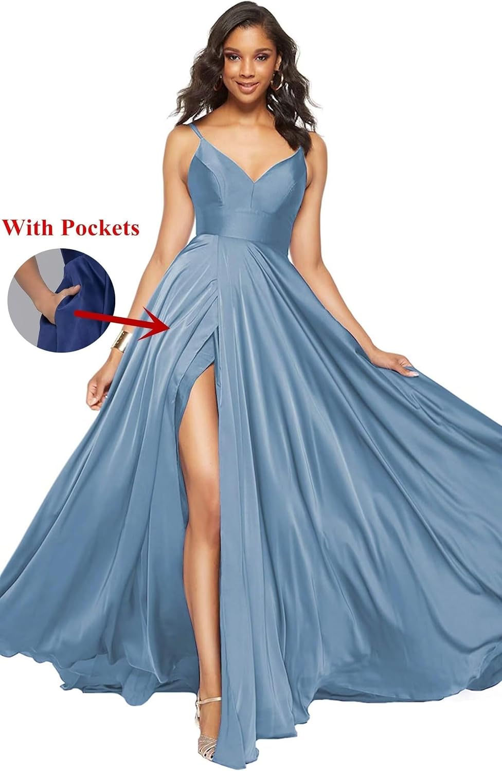 Satin Bridesmaid Dresses for Women Spaghetti Straps Wedding Guest Dress Long V Neck Formal Gown with Slit