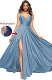 Satin Bridesmaid Dresses for Women Spaghetti Straps Wedding Guest Dress Long V Neck Formal Gown with Slit