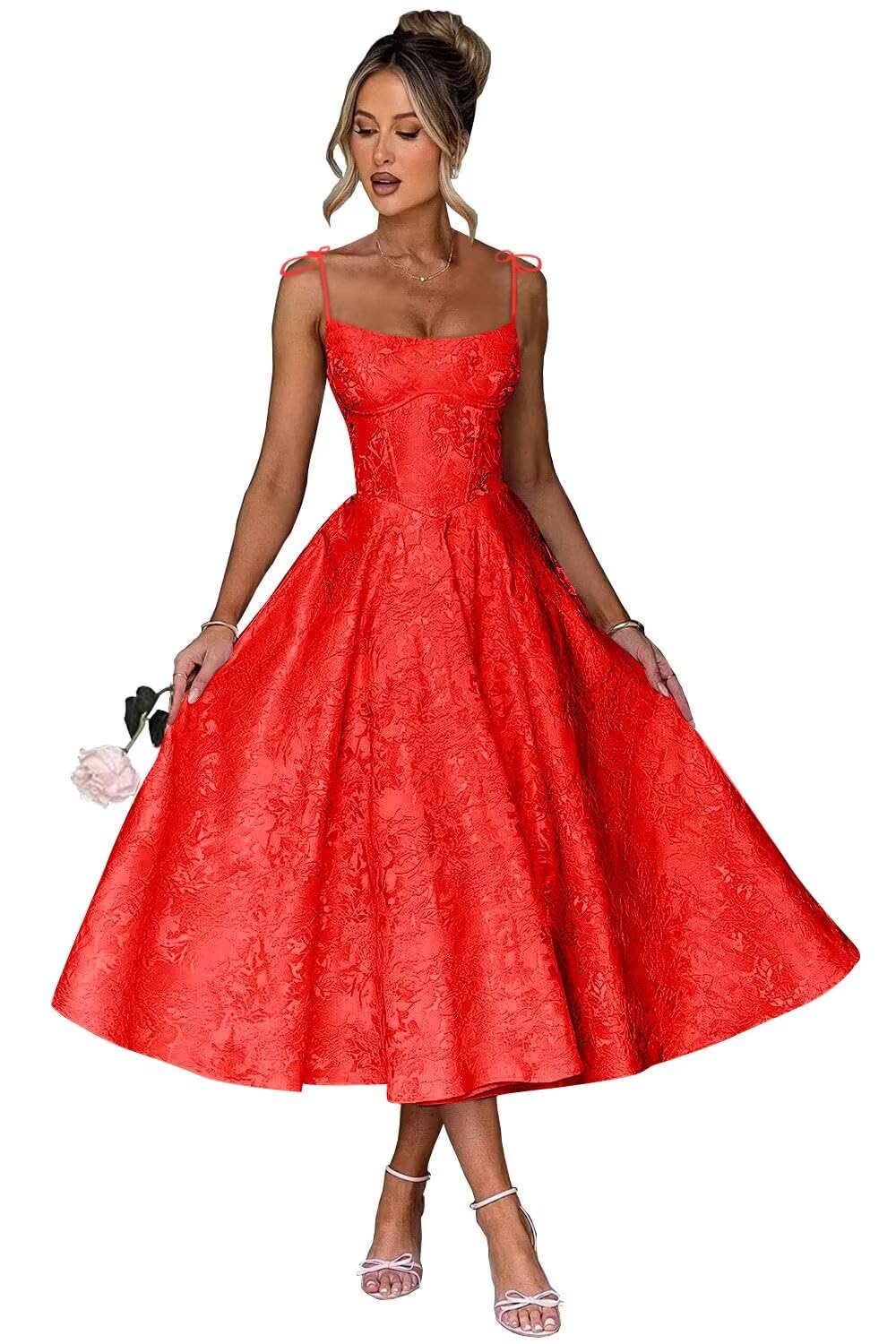 Jacquard Floral Satin Prom Dresses for Women 2026 Spaghetti Straps A-Line Midi Formal Evening Party Gown with Pockets