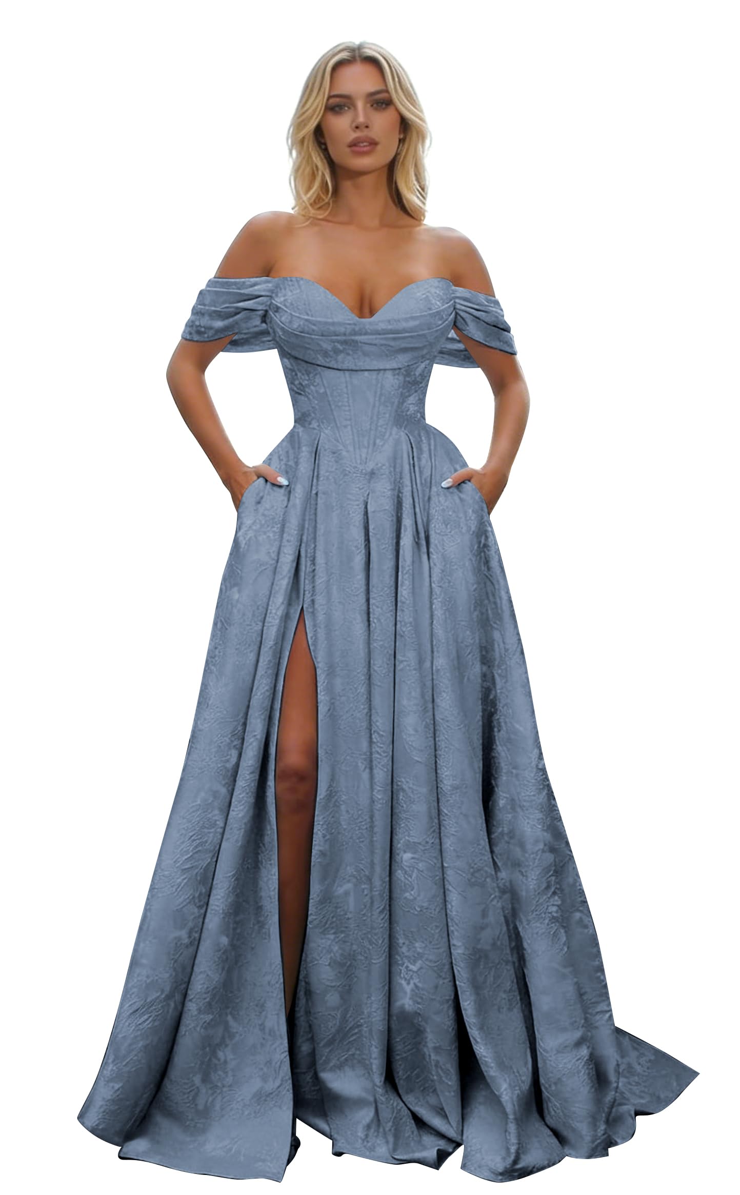 Off Shoulder Long Prom Dress 2026 Floral Satin A-Line Corset Ball Formal Evening Gown with Slit