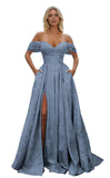 Off Shoulder Long Prom Dress 2026 Floral Satin A-Line Corset Ball Formal Evening Gown with Slit