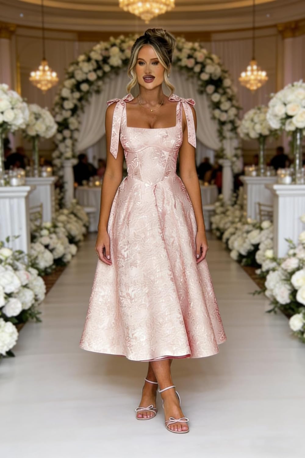 Women's Midi Bridesmaid Dresses Jacquard Satin with Bow Spaghetti Straps Square Neck Formal Wedding Guest Dress