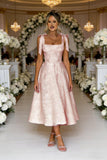 Women's Midi Bridesmaid Dresses Jacquard Satin with Bow Spaghetti Straps Square Neck Formal Wedding Guest Dress