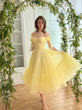 Dotted Tulle Off Shoulder Prom Dress for Women Sweetheart Midi Puffy Formal Party Gowns