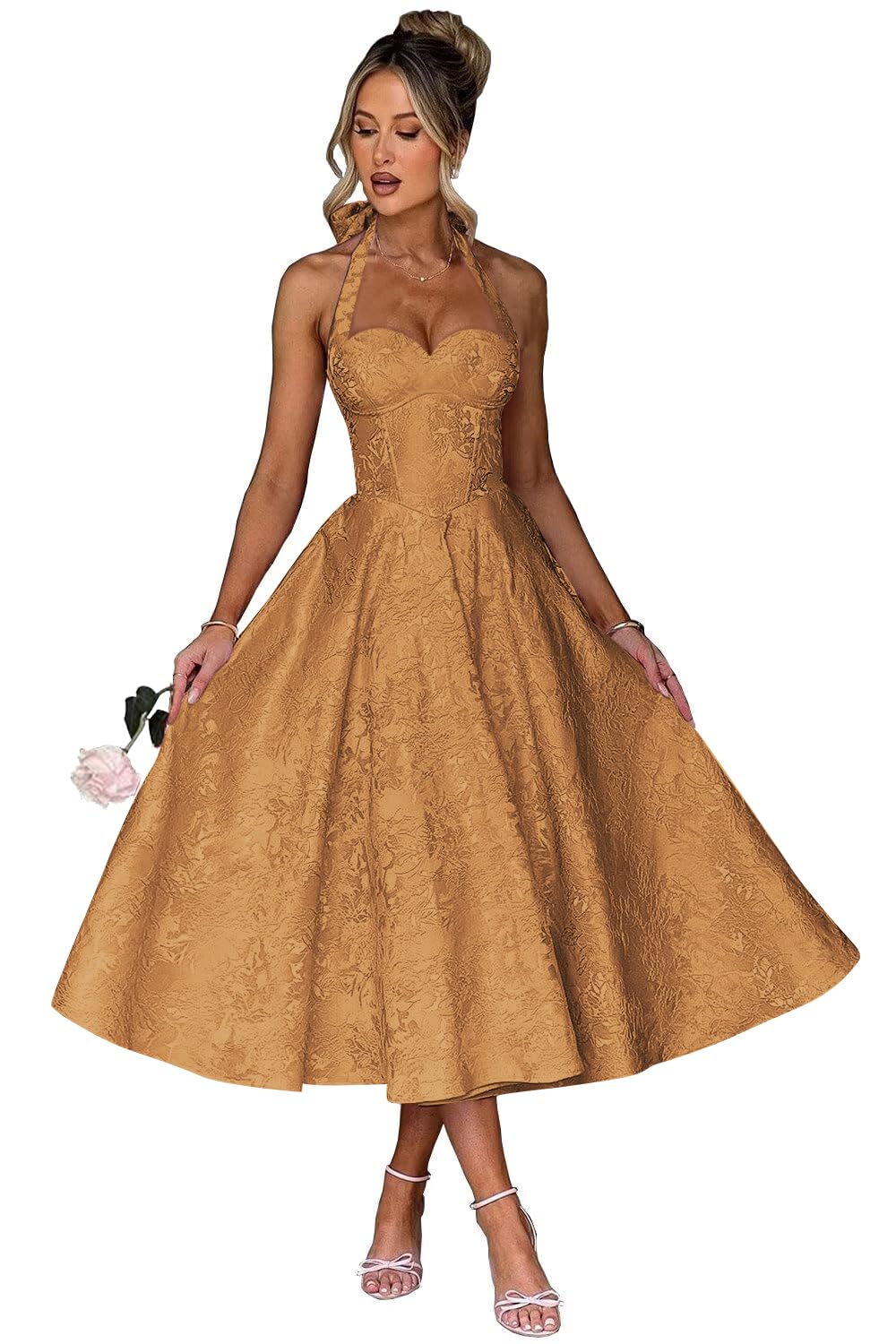 Jacquard Satin Prom Dresses for Women Vintage A-Line Midi Halter Sweetheart Formal Evening Party Gowns with Pockets