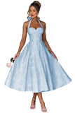 Jacquard Satin Prom Dresses for Women Vintage A-Line Midi Halter Sweetheart Formal Evening Party Gowns with Pockets