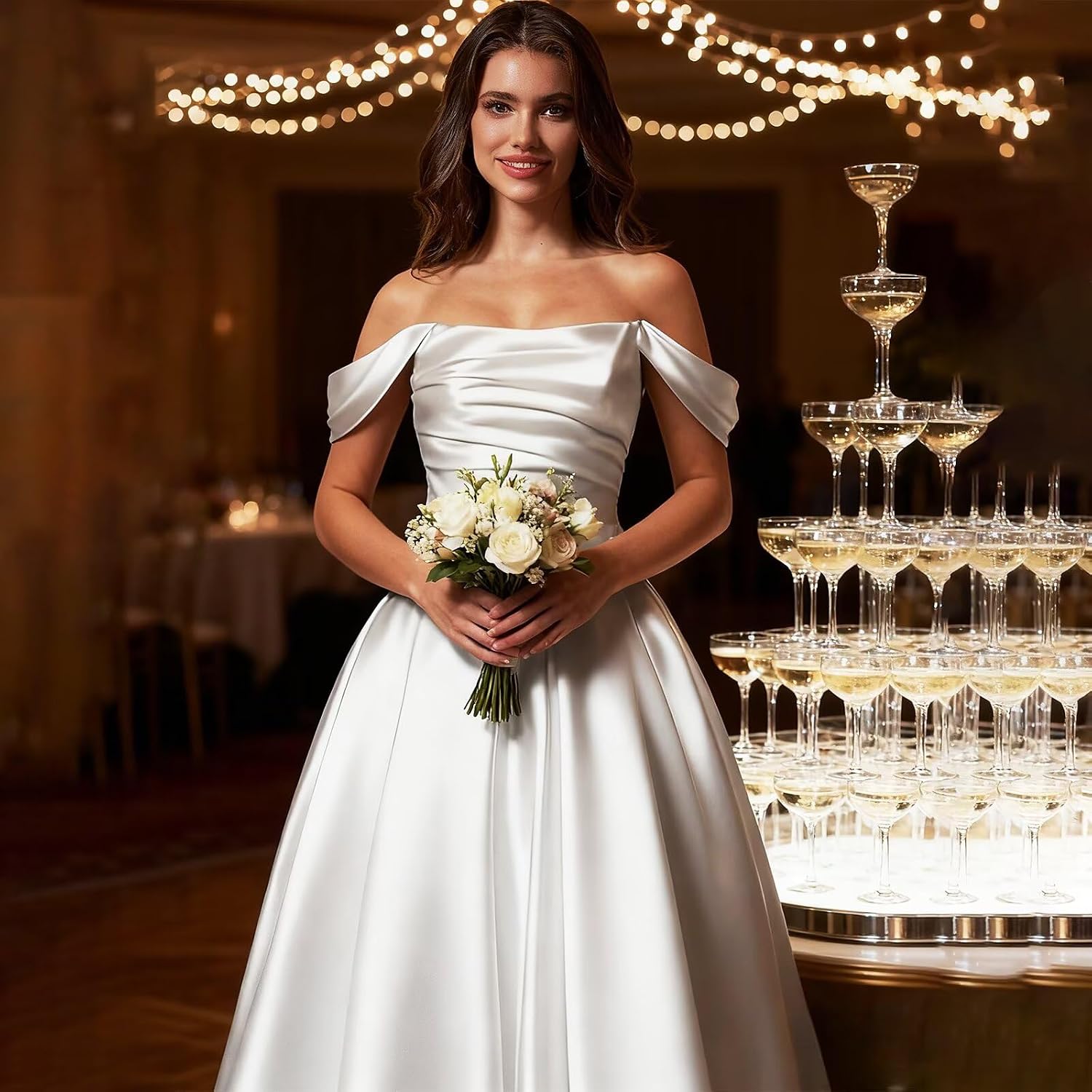 Women's Off Shoulder Wedding Dresses for Bride Tea Length Elegant A Line Satin Prom Dress Midi Evening Gowns
