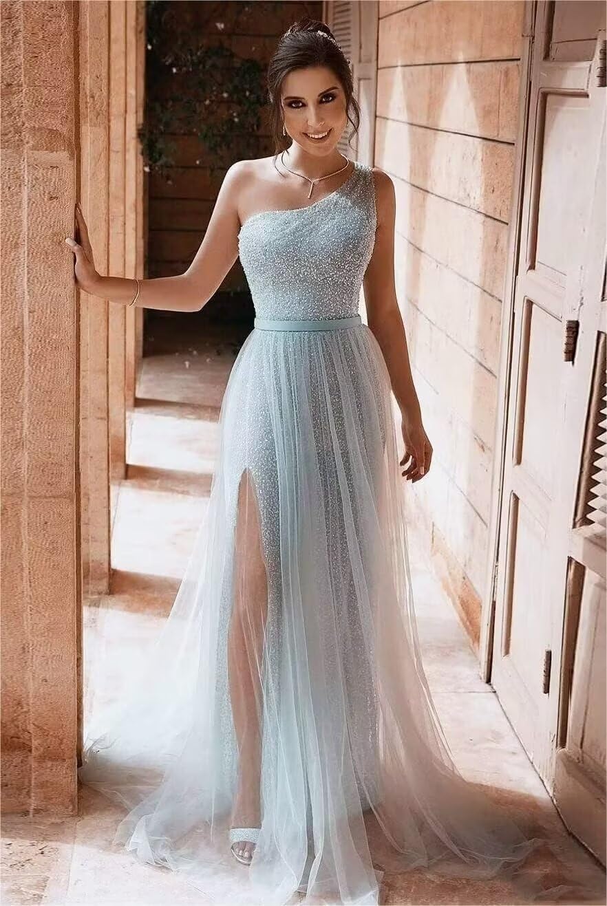 One Shoulder Sequin Prom Dress Long A-Line Tulle Formal Evening Gowns for Women 2027