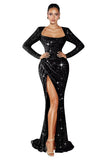 Mermaid Sequin Prom Dresses for Women 2026 Long Sleeve Ruched Formal Dress with Slit Sparkly Evening Party Gowns