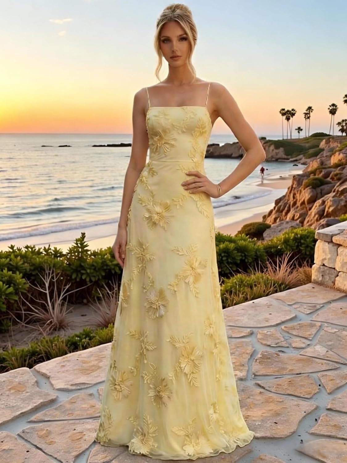 Floral Embroidery Prom Dresses for Women Spaghetti Straps A Line Formal Maxi Dress