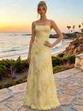 Floral Embroidery Prom Dresses for Women Spaghetti Straps A Line Formal Maxi Dress
