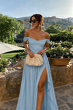 Women's Long Chiffon Bridesmaid Dresses with Slit Off Shoulder A-Line Formal Prom Evening Gown Maxi Wedding Guest Dress