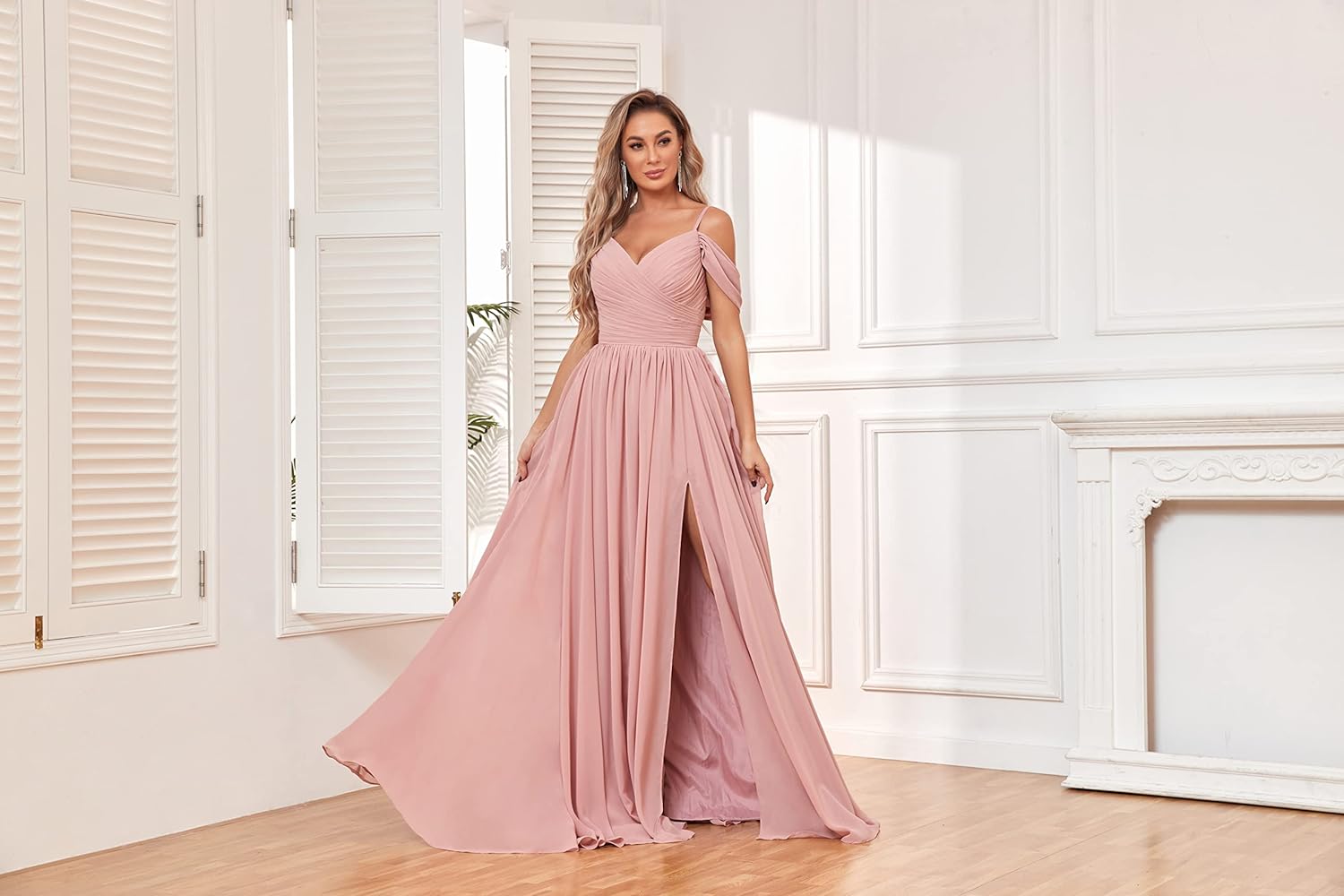 Women's Off Shoulder Bridesmaid Dress with Slit Chiffon Pleated Long Formal Dress