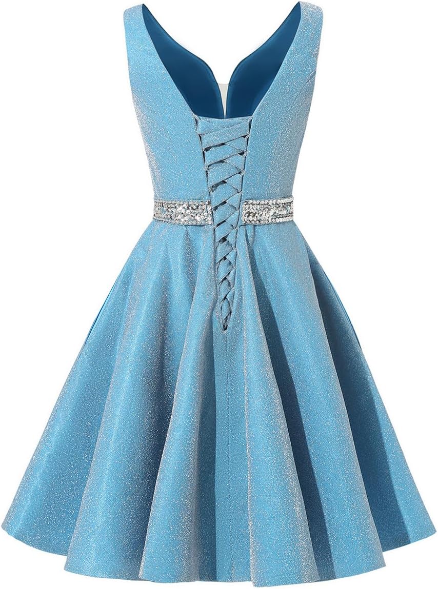 Satin Glitter Homecoming Dresses for Teens Short Prom Dress V-Neck Beaded Evening Formal Cocktail Party Gowns