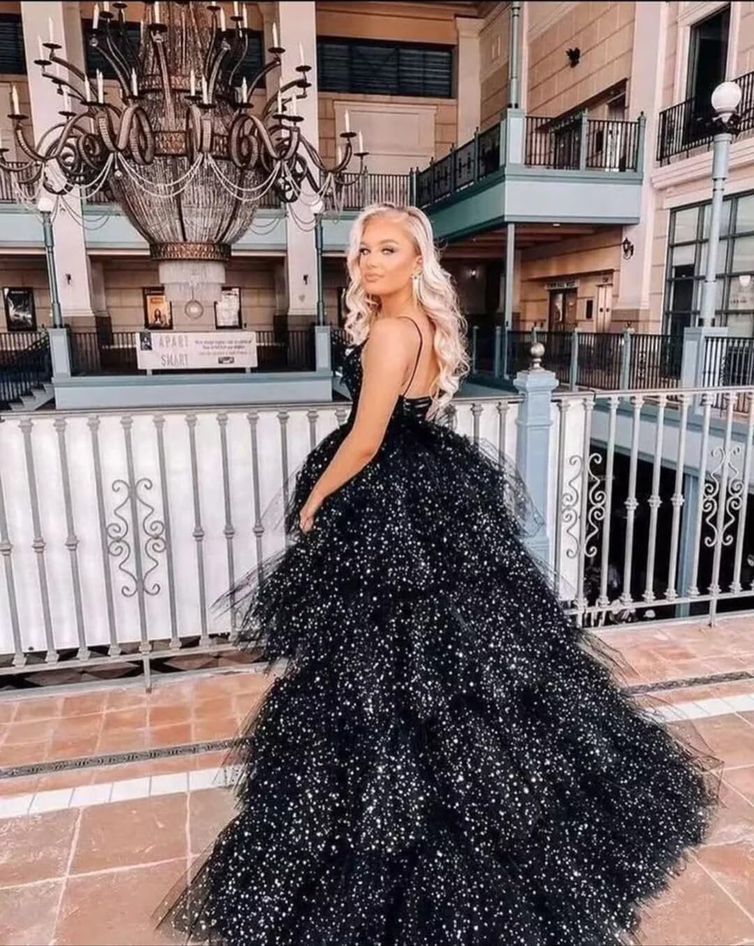 Puffy Sequins Tulle High-Low Prom Dresses for Women 2027, Glitter V Neck Formal Ball Gown Wedding Party Dress