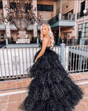 Puffy Sequins Tulle High-Low Prom Dresses for Women 2027, Glitter V Neck Formal Ball Gown Wedding Party Dress