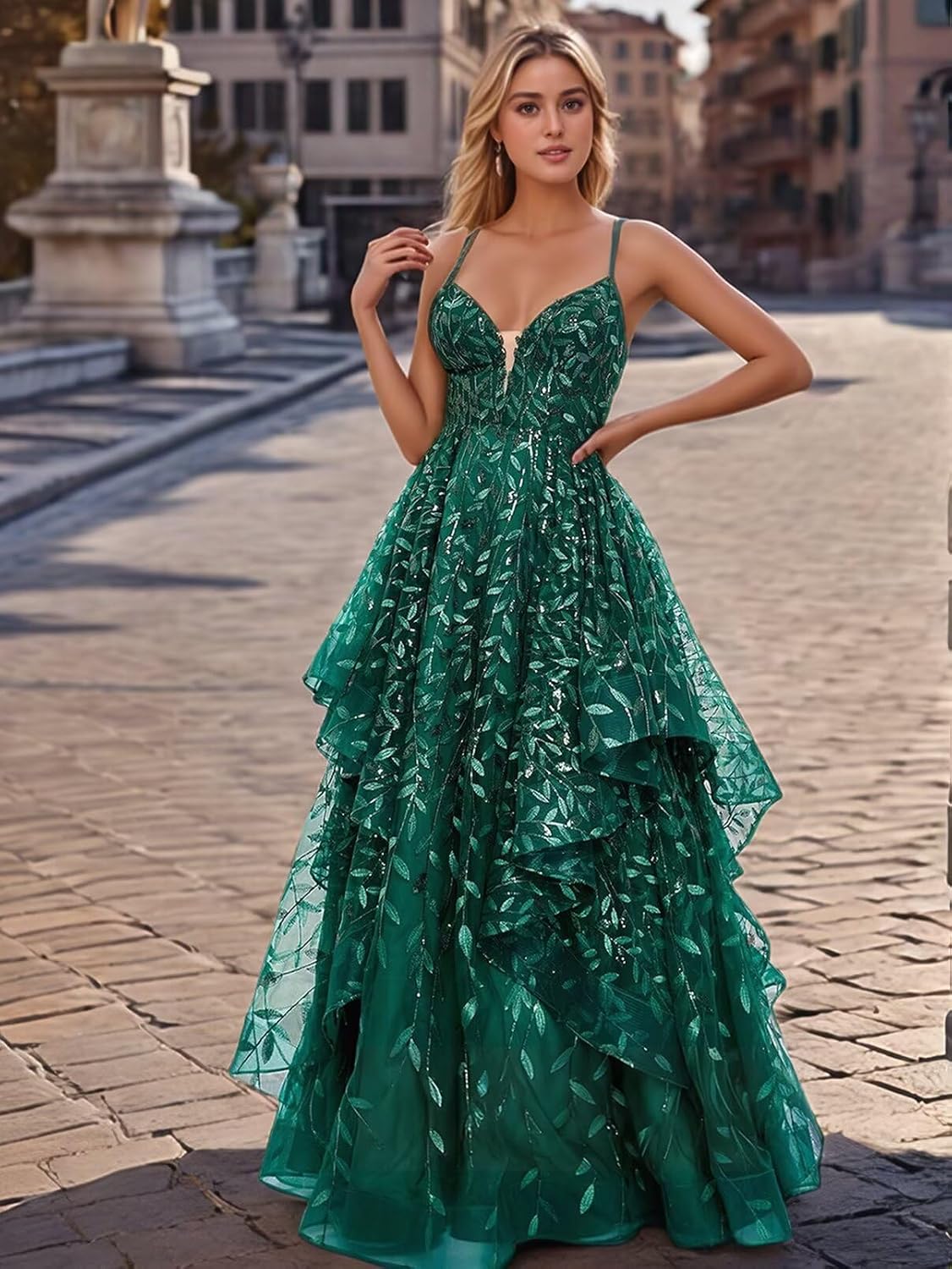 Spaghetti Strap Prom Dresses for Women V Neck Sparkly Sequin Tulle Tiered Ball Gown Long Formal Evening Dress