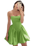 Satin Flower Bud Homecoming Dress Short Prom Dress Cowl Neck Pleated A Line Mini Cocktail Party Gown
