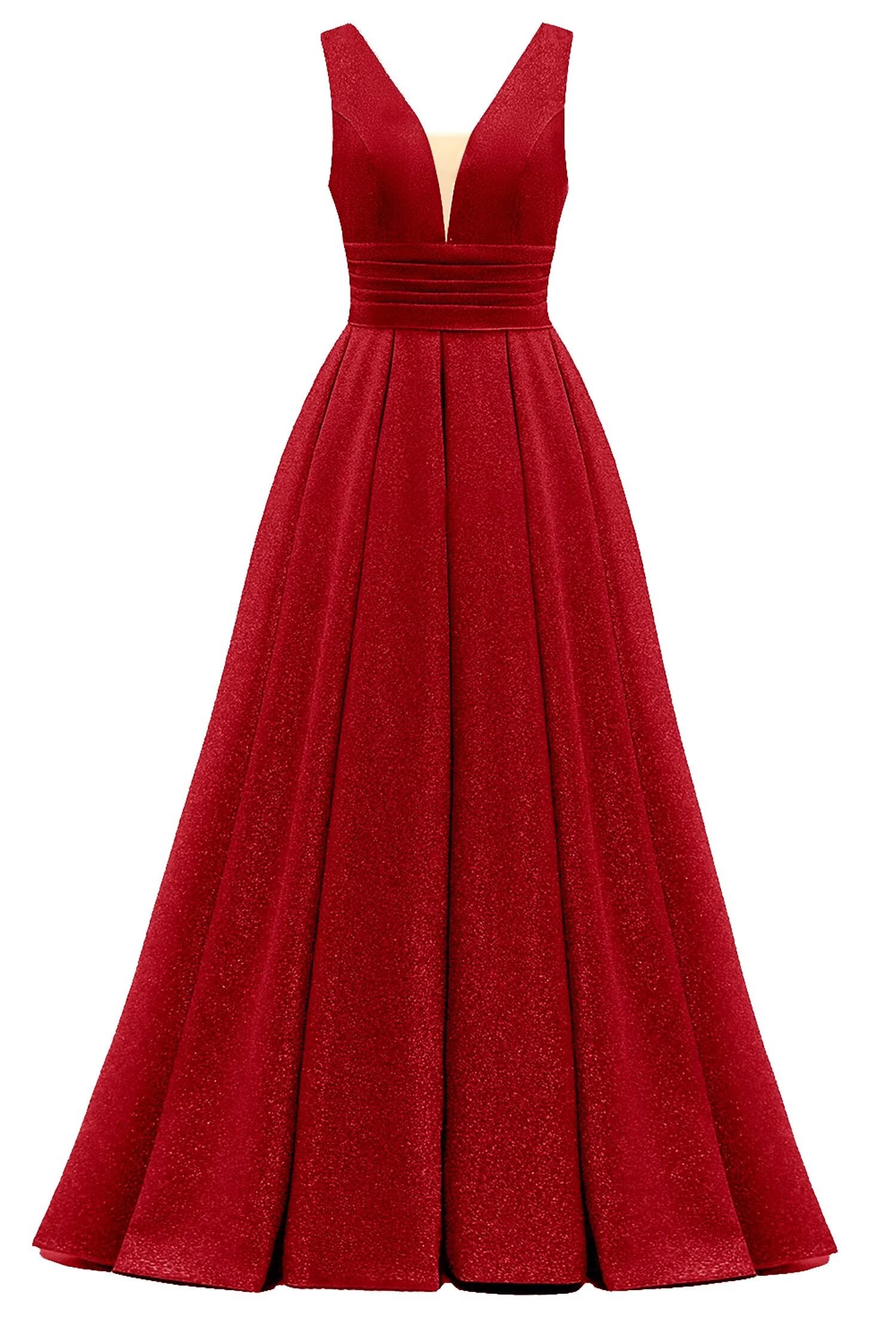 Glitter Satin Prom Dresses for Women Long V Neck A-Line Pleated Formal Evening Party Gowns with Pockets