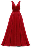 Glitter Satin Prom Dresses for Women Long V Neck A-Line Pleated Formal Evening Party Gowns with Pockets