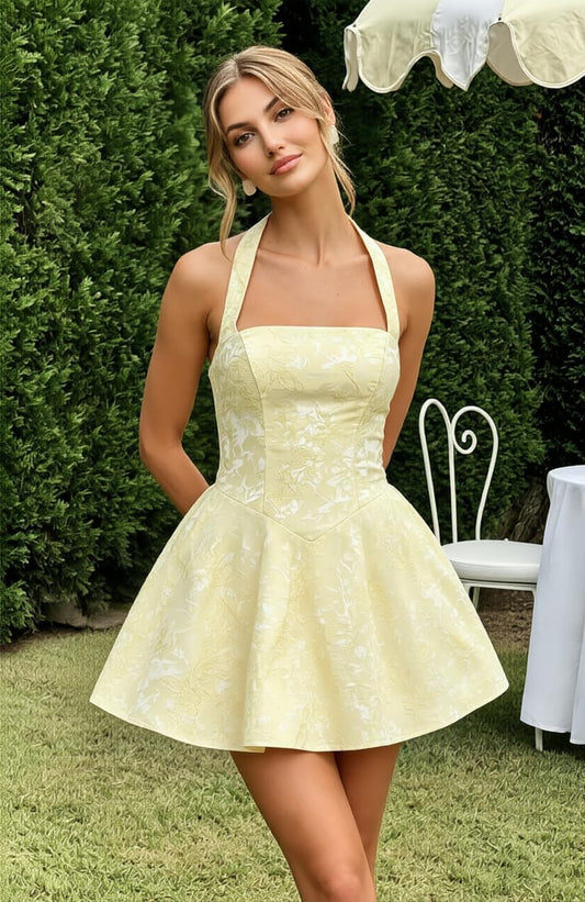 Homecoming Dresses for Teens 2026 Floral Satin Halter Mini Dress Halter A-line Floral Homecoming Dress Floral Satin Halter Backless Mini Dress