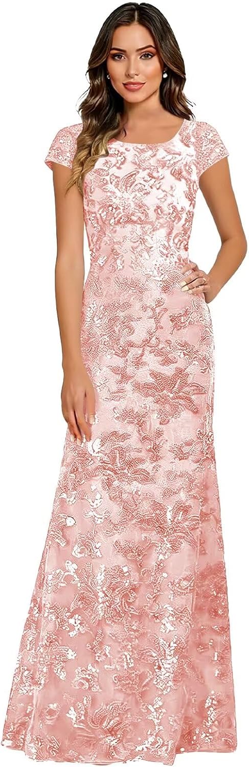 Lace Appliques Scoop Neck Sequin Mother of the Bride Dresses Mermaid Short Sleeve Formal Evening Gowns