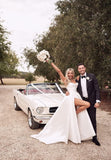 Strapless Satin Prom Wedding Dresses with Slit Long Pleats Formal Ball Bridal Gowns with Pockets
