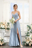 Vestidos de dama de honor largos con tirantes finos y bolsillos, plisados, formales, de noche, con abertura 