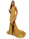 Sparkly Mermaid Sequin Prom Dresses for Women Long Spaghetti Straps V-Neck Formal Evening Party Gowns with Slit