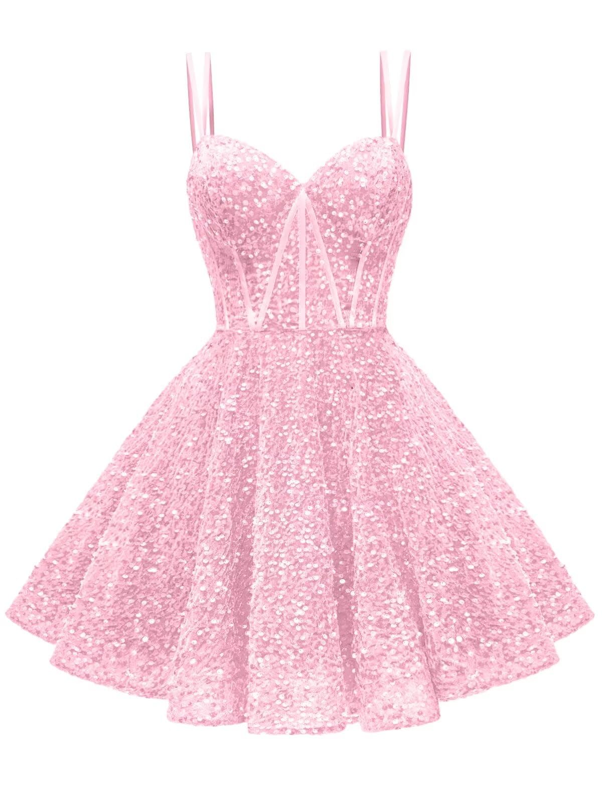 Kingbridal Gowns Sparkly Sequin Homecoming Dresses for Teens 2027 Flowy Spaghetti Straps A-Line Short Formal Prom Dress with Pockets