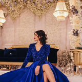 Long Sleeve Sequin Prom Dresses for Women 2027 Satin Formal Dress Sparkly Slit Evening Party Gown with Pocket