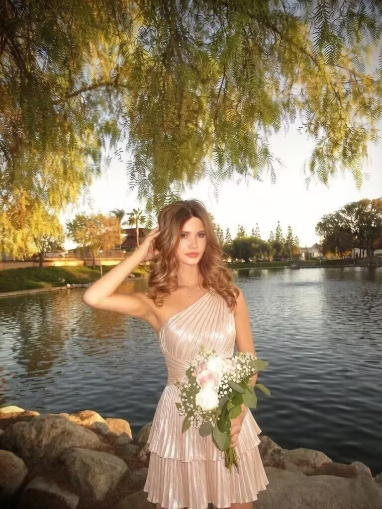 One Shoulder Satin Homecoming Dresses for Teens 2026 Short A-line Prom Dress Pleated Tiered Cocktail Party Gowns