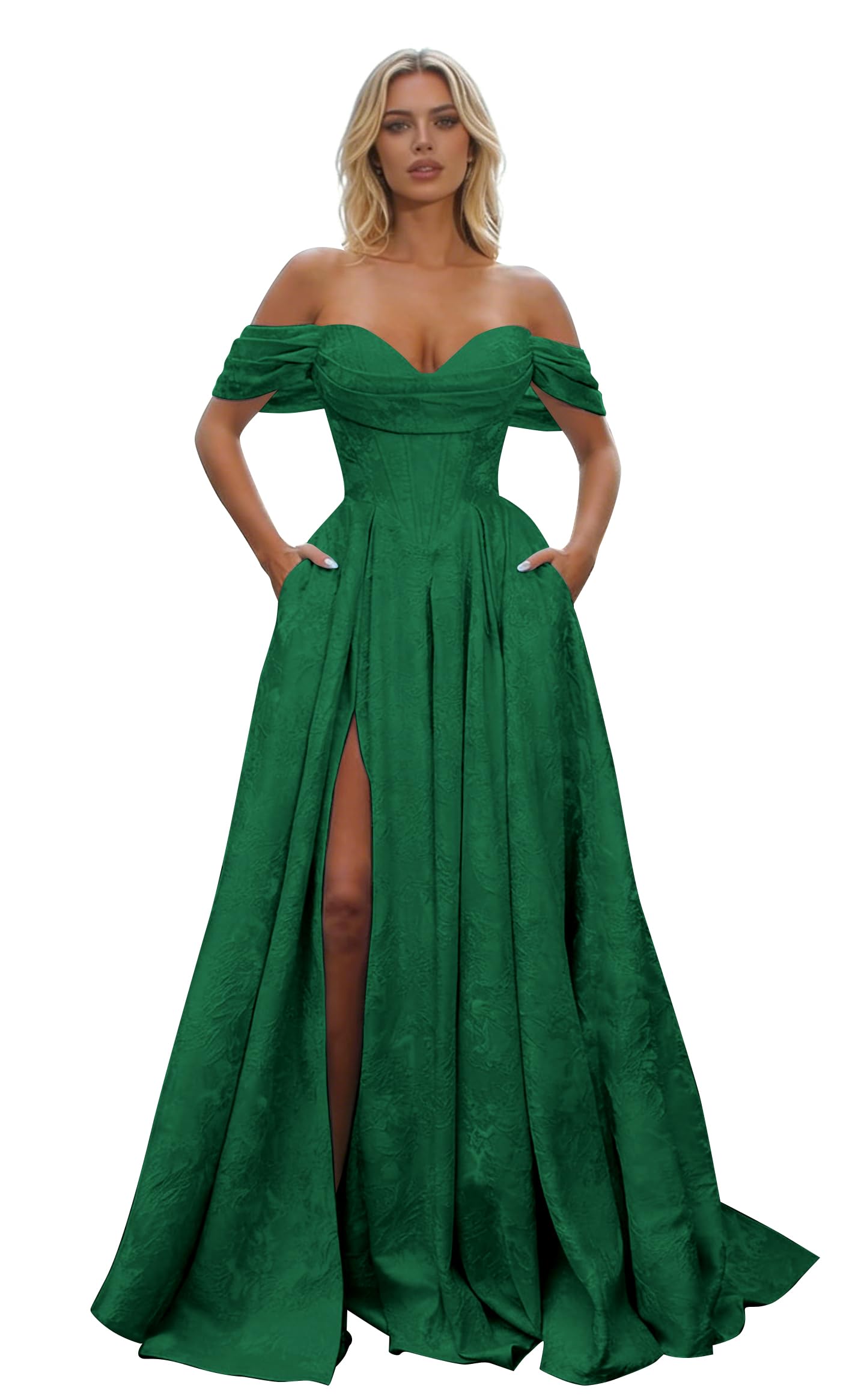 Off Shoulder Long Prom Dress 2026 Floral Satin A-Line Corset Ball Formal Evening Gown with Slit
