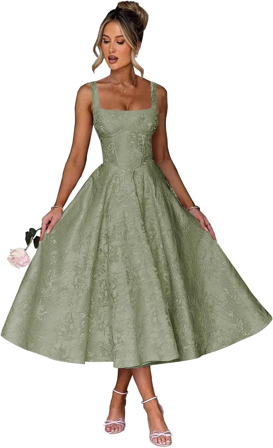 Floral Satin Jacquard Prom Dresses 2026 A-Line Tea Length Midi Square Neck Evening Party Gown with Pockets for Women