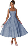Floral Satin Jacquard Prom Dresses 2026 A-Line Tea Length Midi Square Neck Evening Party Gown with Pockets for Women