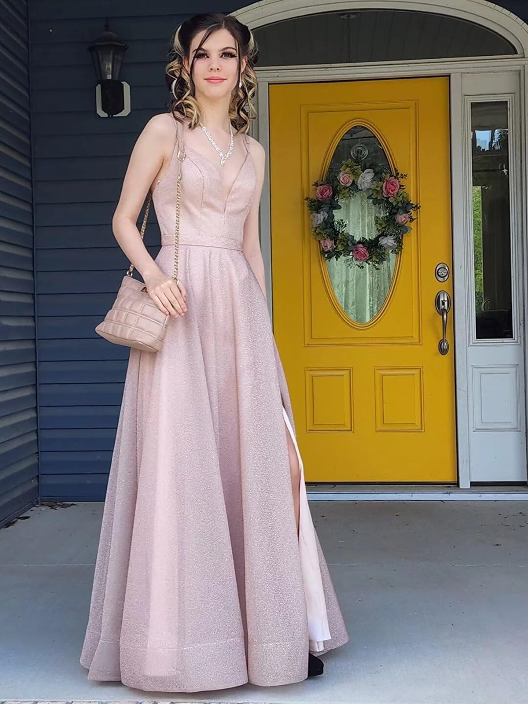 Women's Glittery Spaghetti V-Neck Prom Dresses Long Side Split Formal Evening Gowns
