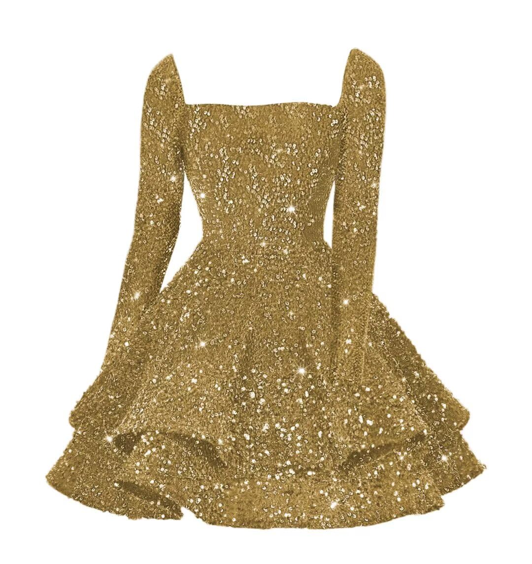 Sequin Short Homecoming Dress for Teen Sparkly Long Sleeve Prom Sweet 16 Dresses Cocktail Gowns