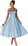 Eightale Satin Jacquard Prom Dress with Bow Tea Length Floral Midi Formal Evening Party Gown