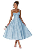 Eightale Satin Jacquard Prom Dress with Bow Tea Length Floral Midi Formal Evening Party Gown