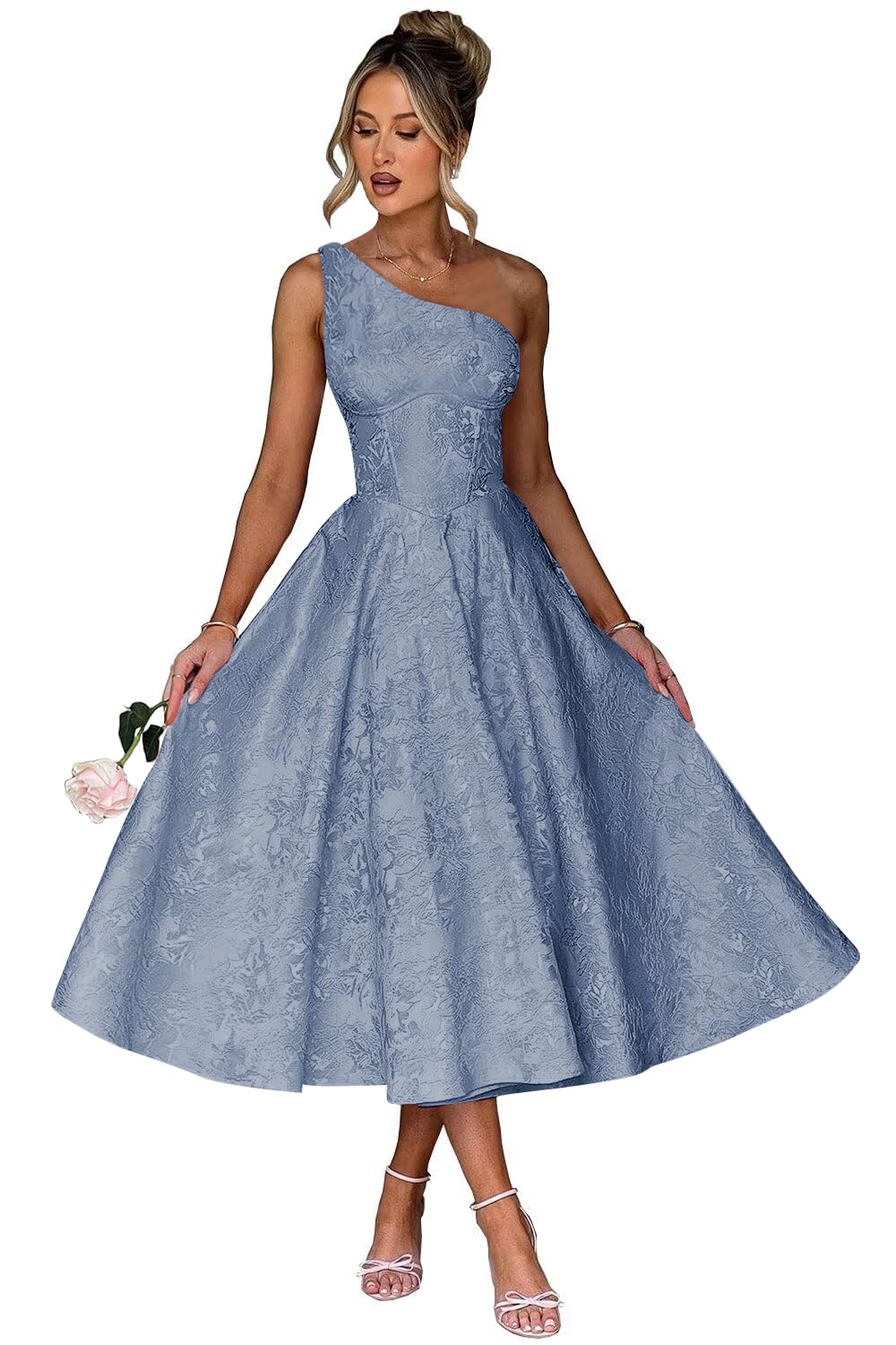 Jacquard Floral Satin Prom Dresses 2026 One Shoulder A-Line Midi Formal Evening Party Gown with Pockets for Women