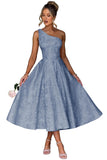 Jacquard Floral Satin Prom Dresses 2026 One Shoulder A-Line Midi Formal Evening Party Gown with Pockets for Women