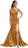 Kingbridal Gowns One Shoulder Sequin Prom Dresses with Slit 2026 Mermaid Formal Dress for Women Sparkly Ruched Evening Party Gowns