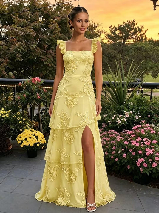 Tiered Tulle Prom Dresses for Women Long Spaghetti Straps Floral Formal Dress with Slit